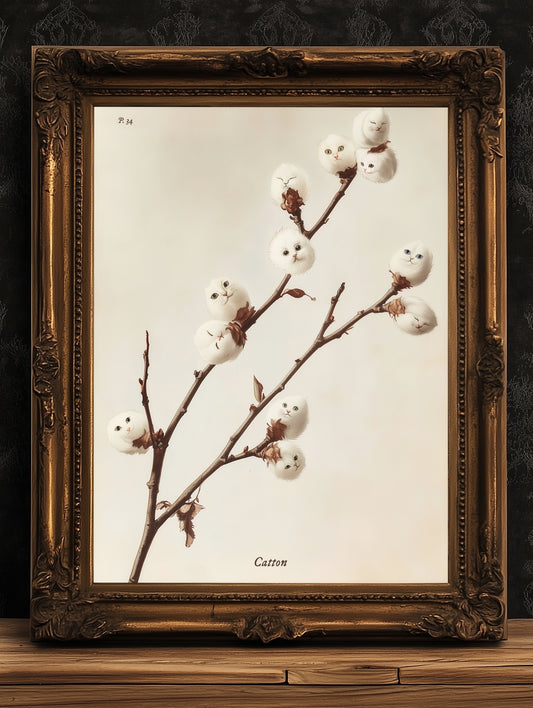 Whimsical Fluffy Cotton Cat Plant Antique Art Print Poster, Cat Lover Gift, Kitten Faces in Cotton Balls, Surreal Cottagecore Wall Decor