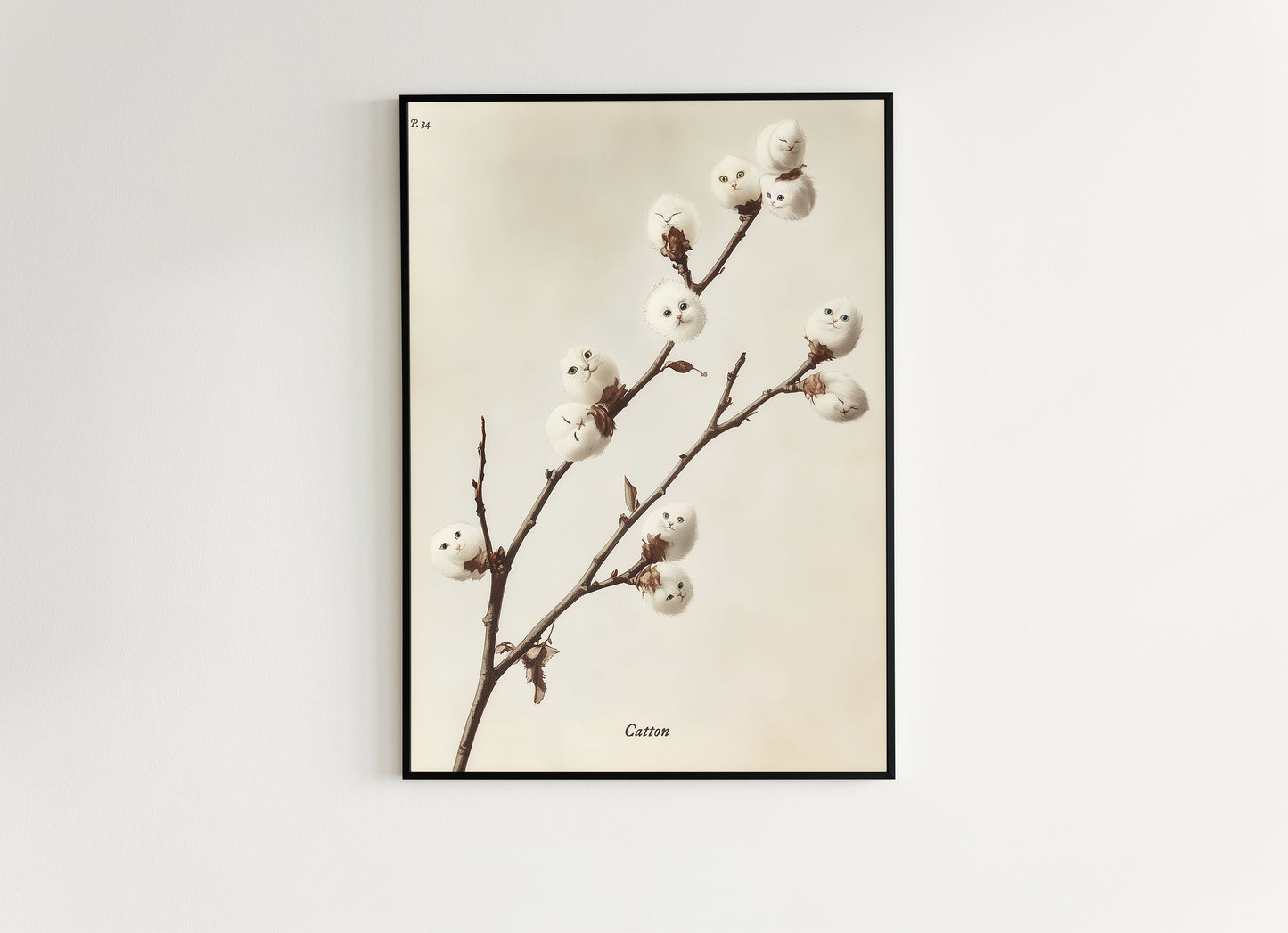 Whimsical Fluffy Cotton Cat Plant Antique Art Print Poster, Cat Lover Gift, Kitten Faces in Cotton Balls, Surreal Cottagecore Wall Decor