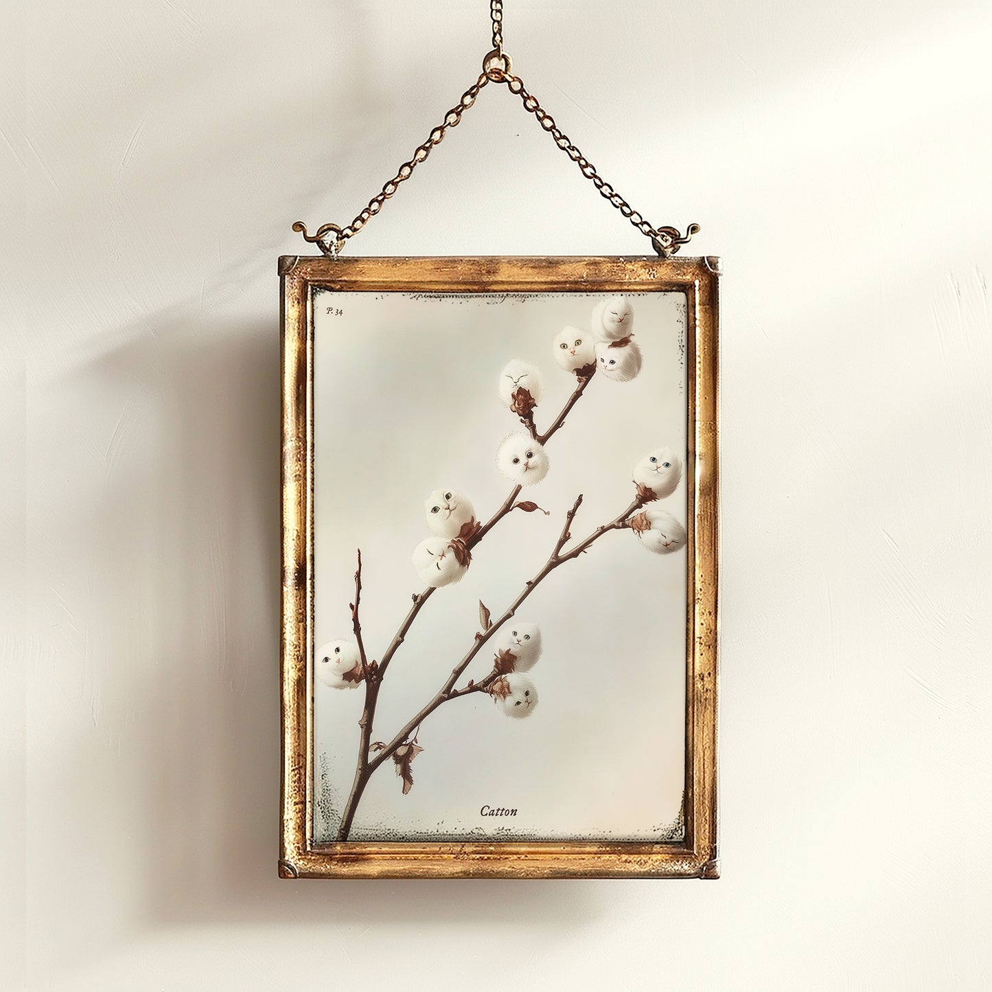 Whimsical Fluffy Cotton Cat Plant Antique Art Print Poster, Cat Lover Gift, Kitten Faces in Cotton Balls, Surreal Cottagecore Wall Decor