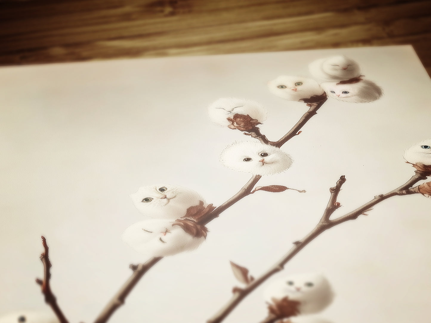 Whimsical Fluffy Cotton Cat Plant Antique Art Print Poster, Cat Lover Gift, Kitten Faces in Cotton Balls, Surreal Cottagecore Wall Decor