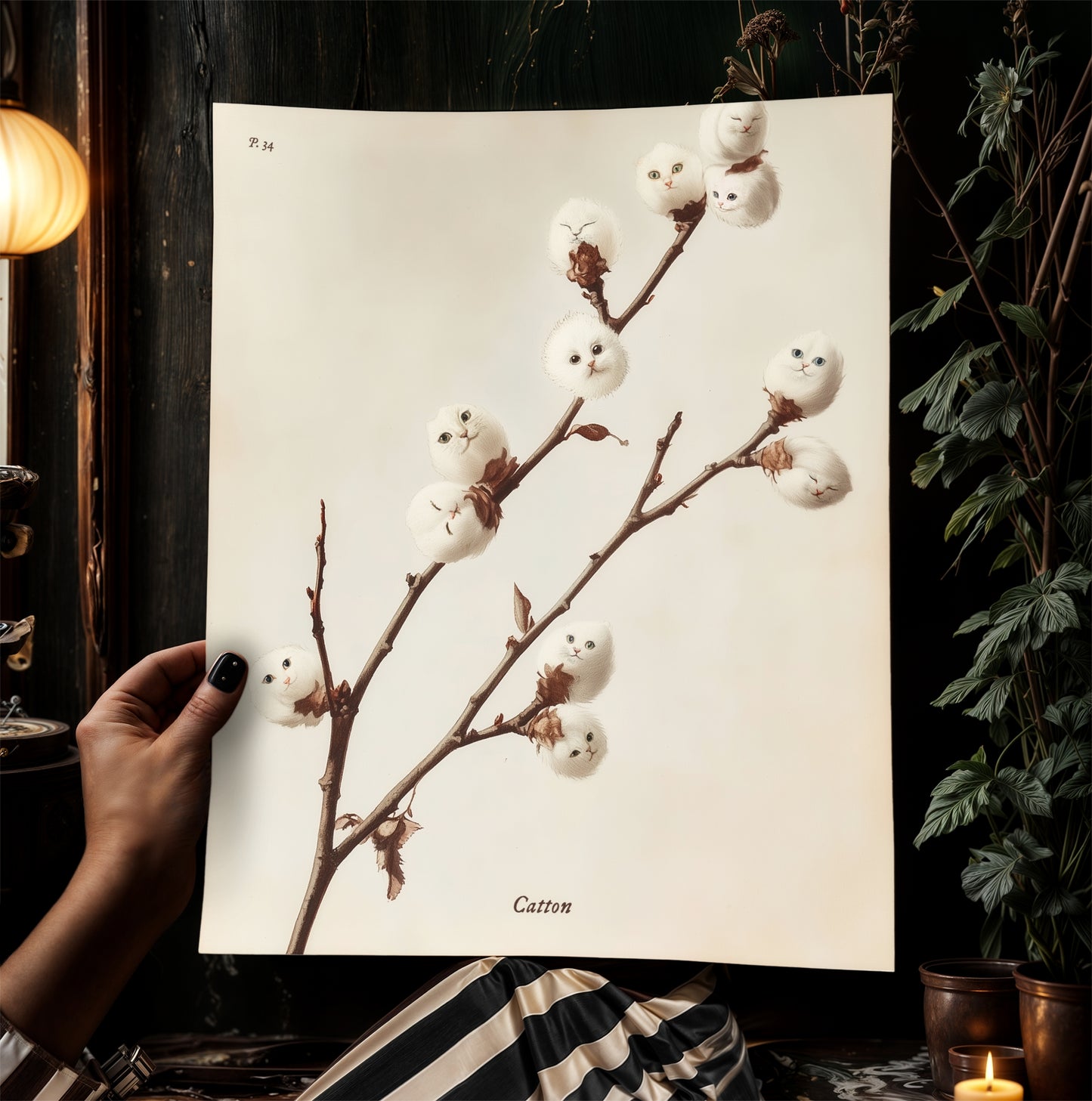 Whimsical Fluffy Cotton Cat Plant Antique Art Print Poster, Cat Lover Gift, Kitten Faces in Cotton Balls, Surreal Cottagecore Wall Decor