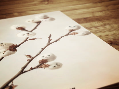 Whimsical Fluffy Cotton Cat Plant Antique Art Print Poster, Cat Lover Gift, Kitten Faces in Cotton Balls, Surreal Cottagecore Wall Decor