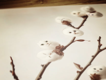 Whimsical Fluffy Cotton Cat Plant Antique Art Print Poster, Cat Lover Gift, Kitten Faces in Cotton Balls, Surreal Cottagecore Wall Decor