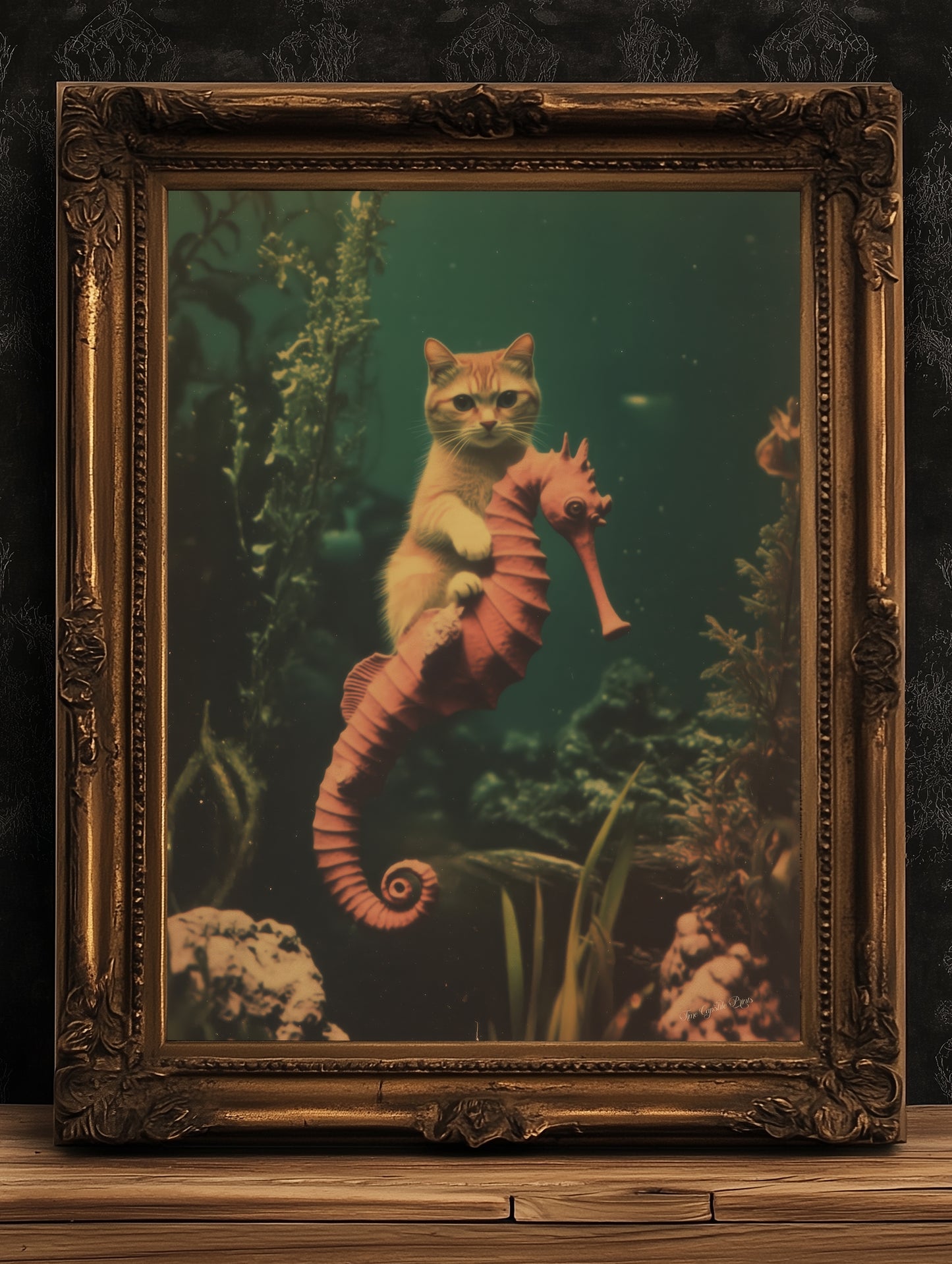 Whimsical Purrmaid Patrol On Seahorse, Quirky Cat Art Print Fantasy Cottagecore Wall Decor Cute Weird Gift Wall Art, Soft Academia Decor