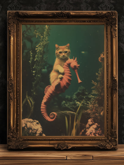 Whimsical Purrmaid Patrol On Seahorse, Quirky Cat Art Print Fantasy Cottagecore Wall Decor Cute Weird Gift Wall Art, Soft Academia Decor