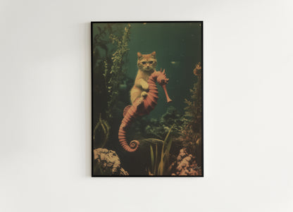 Whimsical Purrmaid Patrol On Seahorse, Quirky Cat Art Print Fantasy Cottagecore Wall Decor Cute Weird Gift Wall Art, Soft Academia Decor