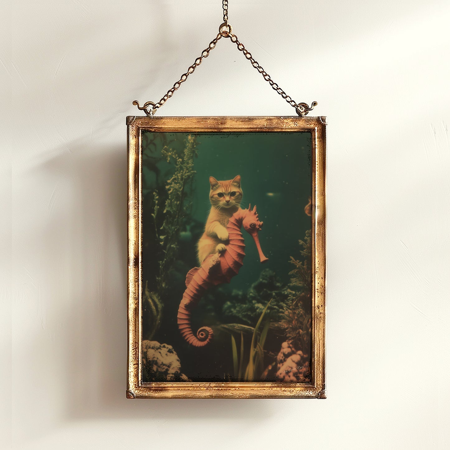 Whimsical Purrmaid Patrol On Seahorse, Quirky Cat Art Print Fantasy Cottagecore Wall Decor Cute Weird Gift Wall Art, Soft Academia Decor