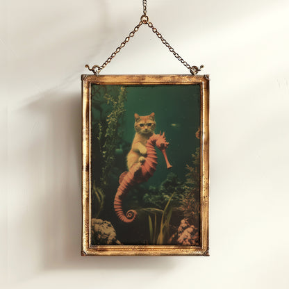 Whimsical Purrmaid Patrol On Seahorse, Quirky Cat Art Print Fantasy Cottagecore Wall Decor Cute Weird Gift Wall Art, Soft Academia Decor