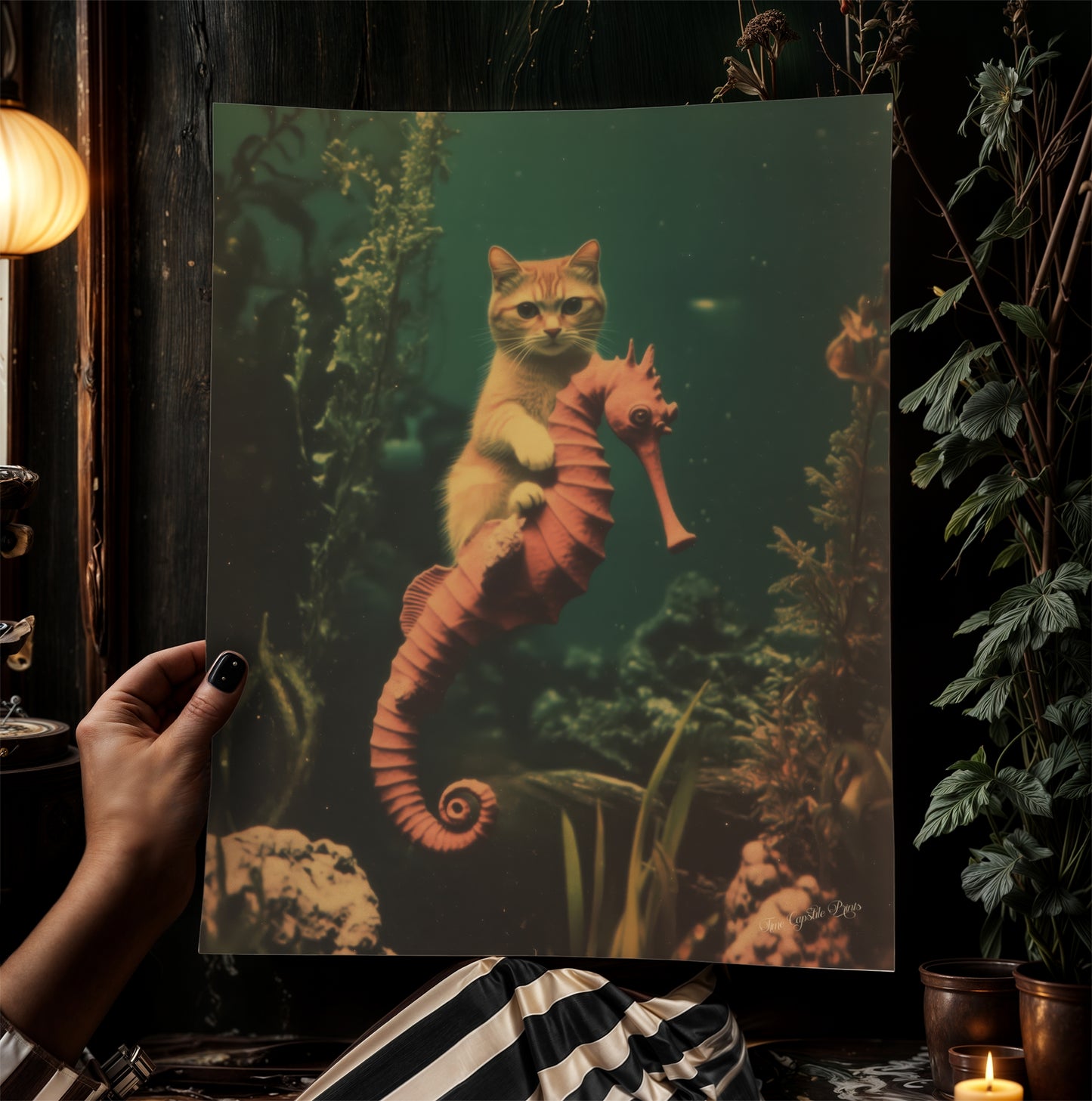 Whimsical Purrmaid Patrol On Seahorse, Quirky Cat Art Print Fantasy Cottagecore Wall Decor Cute Weird Gift Wall Art, Soft Academia Decor