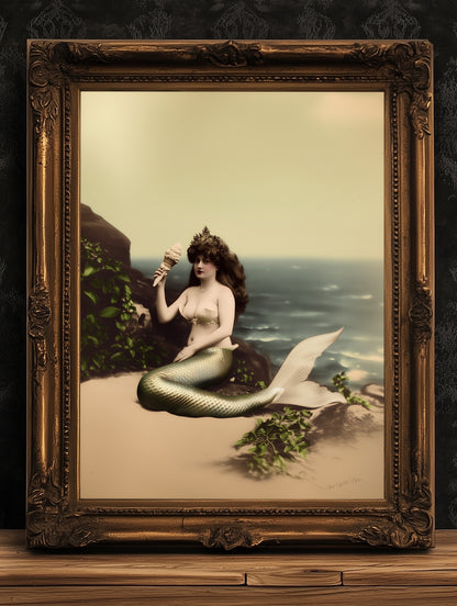 Whimsical Vintage Mermaid Art Printable with Seashell Crown and Ocean View, Nautical Coastal Cottage Wall Decor, Quirky Mermaid Sea Creature