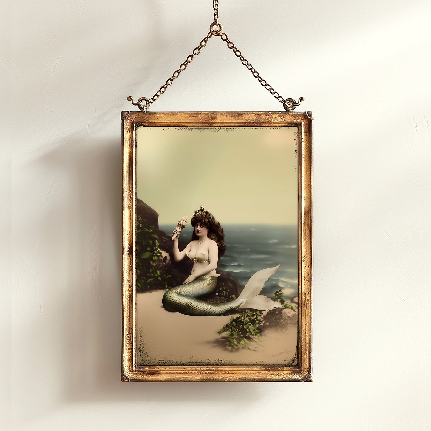 Whimsical Vintage Mermaid Art Printable with Seashell Crown and Ocean View, Nautical Coastal Cottage Wall Decor, Quirky Mermaid Sea Creature