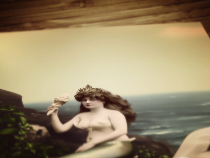 Whimsical Vintage Mermaid Art Printable with Seashell Crown and Ocean View, Nautical Coastal Cottage Wall Decor, Quirky Mermaid Sea Creature