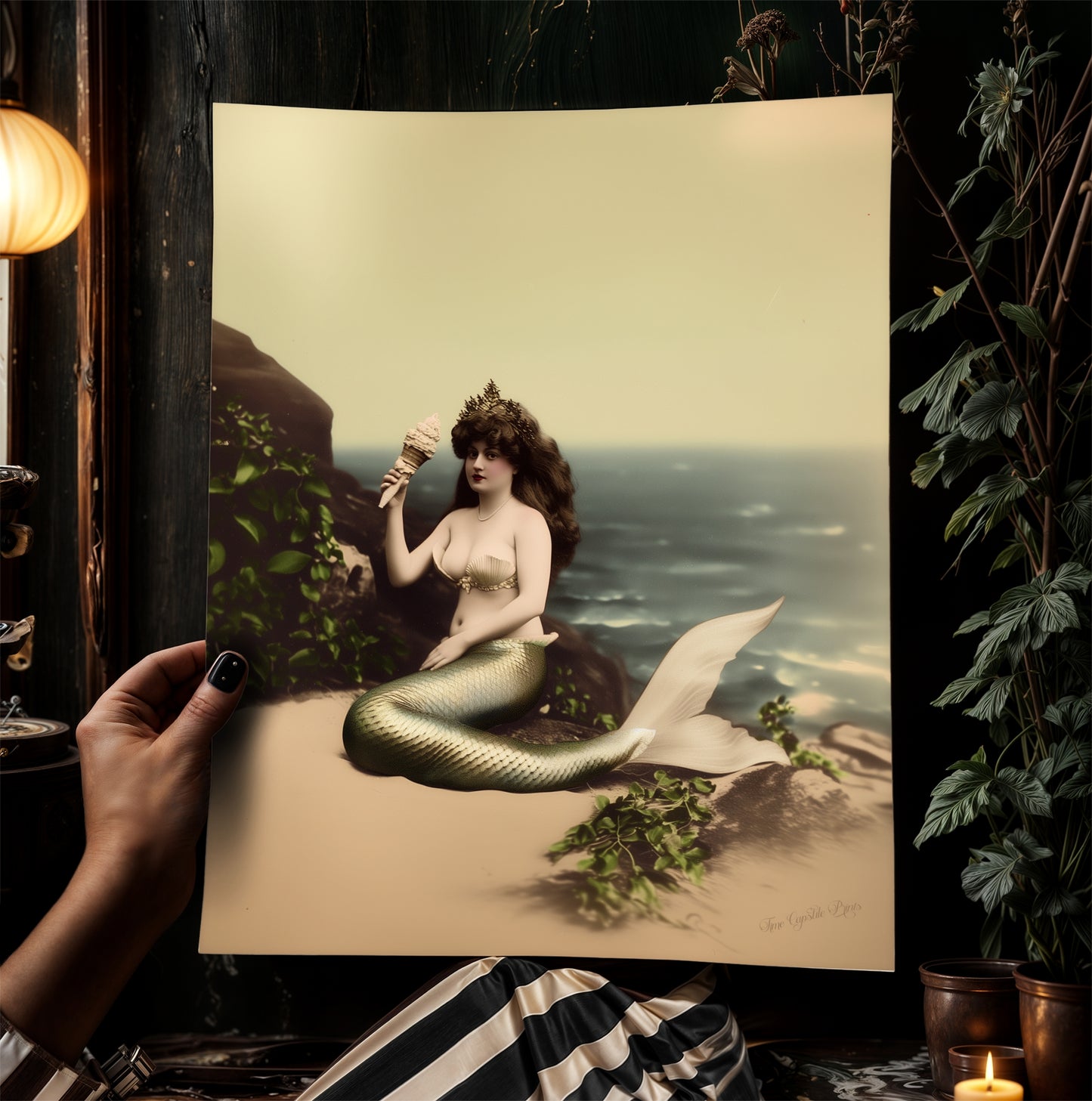 Whimsical Vintage Mermaid Art Printable with Seashell Crown and Ocean View, Nautical Coastal Cottage Wall Decor, Quirky Mermaid Sea Creature