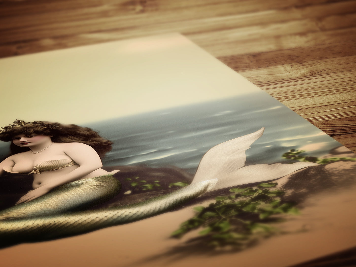 Whimsical Vintage Mermaid Art Printable with Seashell Crown and Ocean View, Nautical Coastal Cottage Wall Decor, Quirky Mermaid Sea Creature