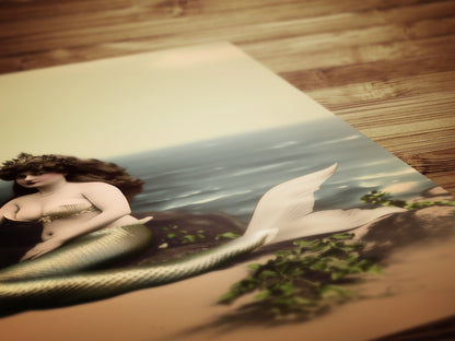 Whimsical Vintage Mermaid Art Printable with Seashell Crown and Ocean View, Nautical Coastal Cottage Wall Decor, Quirky Mermaid Sea Creature