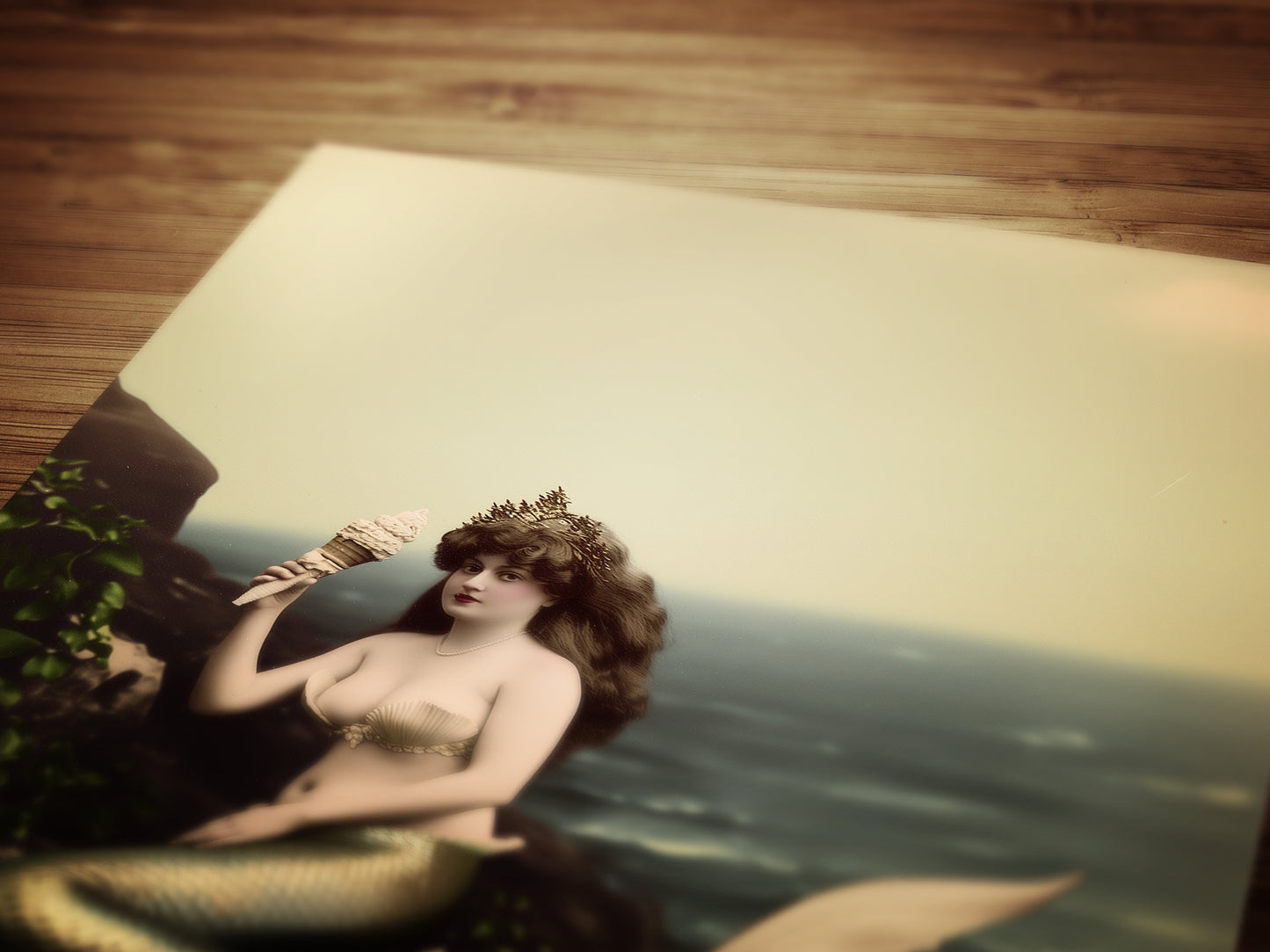 Whimsical Vintage Mermaid Art Printable with Seashell Crown and Ocean View, Nautical Coastal Cottage Wall Decor, Quirky Mermaid Sea Creature