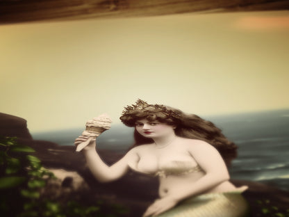 Whimsical Vintage Mermaid Art Printable with Seashell Crown and Ocean View, Nautical Coastal Cottage Wall Decor, Quirky Mermaid Sea Creature