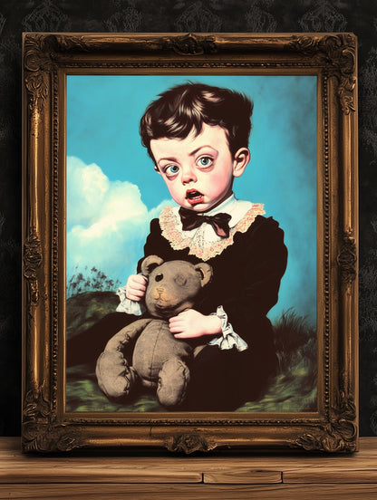 Victorian Child Portrait And His Teddy Bear Poster, Whimsical Eerie Cottagecore Cute Room Decor, Surreal Creepy Wall Art, Quirky Weird Gift