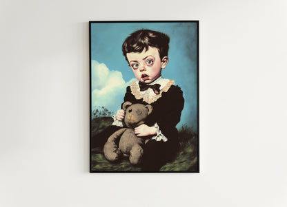 Victorian Child Portrait And His Teddy Bear Poster, Whimsical Eerie Cottagecore Cute Room Decor, Surreal Creepy Wall Art, Quirky Weird Gift