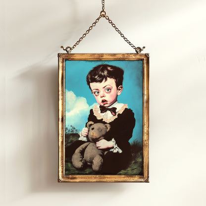 Victorian Child Portrait And His Teddy Bear Poster, Whimsical Eerie Cottagecore Cute Room Decor, Surreal Creepy Wall Art, Quirky Weird Gift