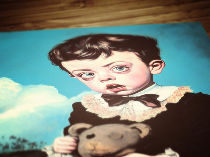 Victorian Child Portrait And His Teddy Bear Poster, Whimsical Eerie Cottagecore Cute Room Decor, Surreal Creepy Wall Art, Quirky Weird Gift