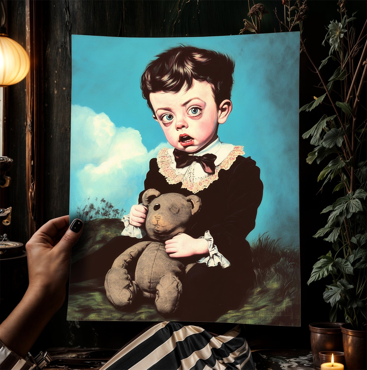 Victorian Child Portrait And His Teddy Bear Poster, Whimsical Eerie Cottagecore Cute Room Decor, Surreal Creepy Wall Art, Quirky Weird Gift