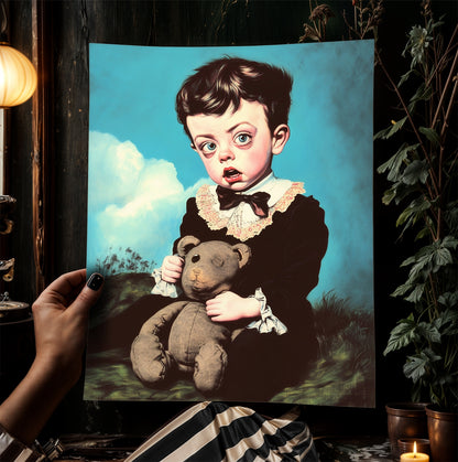 Victorian Child Portrait And His Teddy Bear Poster, Whimsical Eerie Cottagecore Cute Room Decor, Surreal Creepy Wall Art, Quirky Weird Gift