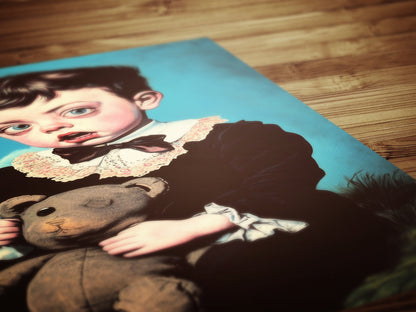 Victorian Child Portrait And His Teddy Bear Poster, Whimsical Eerie Cottagecore Cute Room Decor, Surreal Creepy Wall Art, Quirky Weird Gift