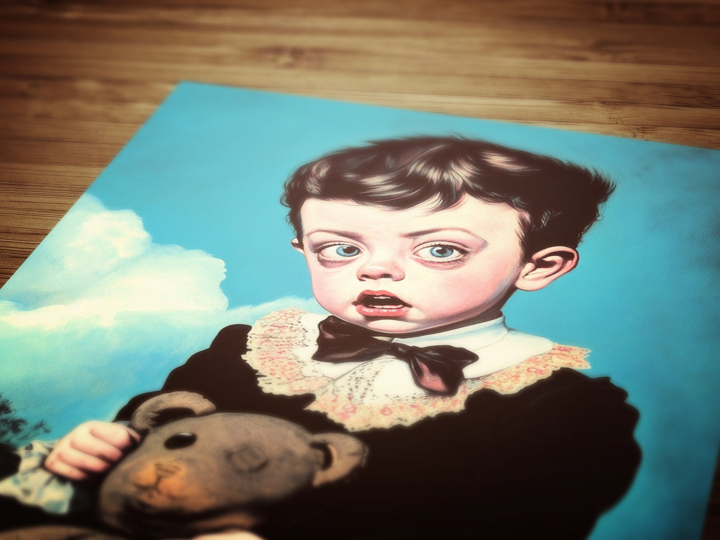 Victorian Child Portrait And His Teddy Bear Poster, Whimsical Eerie Cottagecore Cute Room Decor, Surreal Creepy Wall Art, Quirky Weird Gift