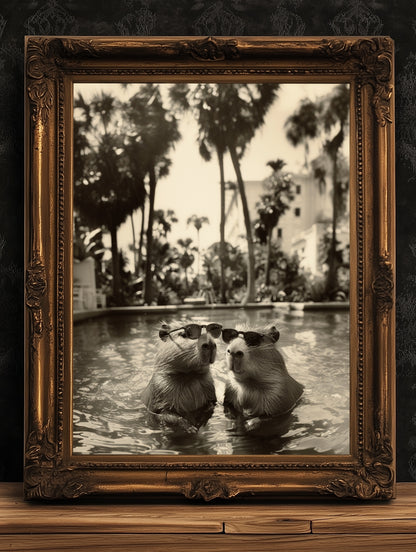 Capybara's Holiday, Capybara In A Pool, Gothic Vintage photograph, Occult Poster. Whimsy Animal Art, Dark Academia Decor