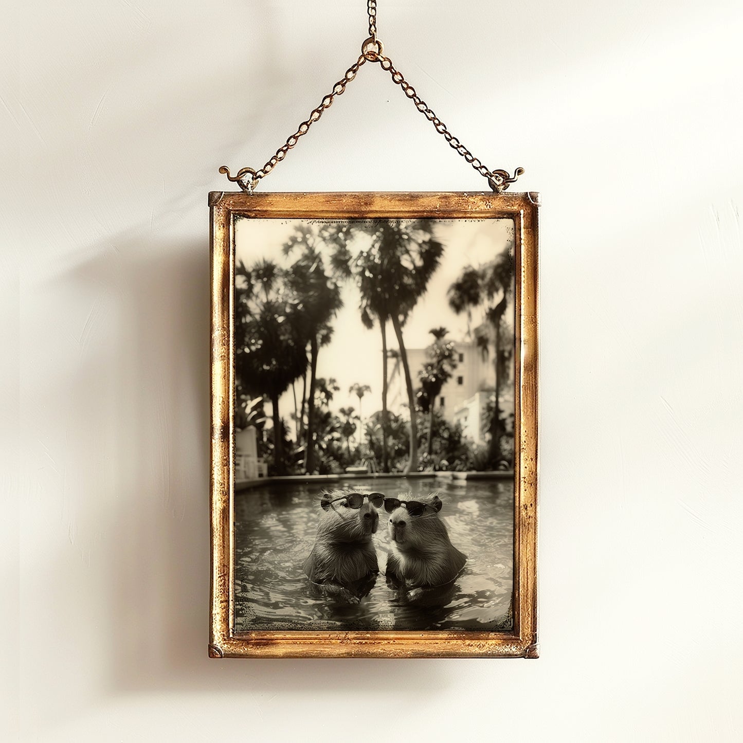 Capybara's Holiday, Capybara In A Pool, Gothic Vintage photograph, Occult Poster. Whimsy Animal Art, Dark Academia Decor