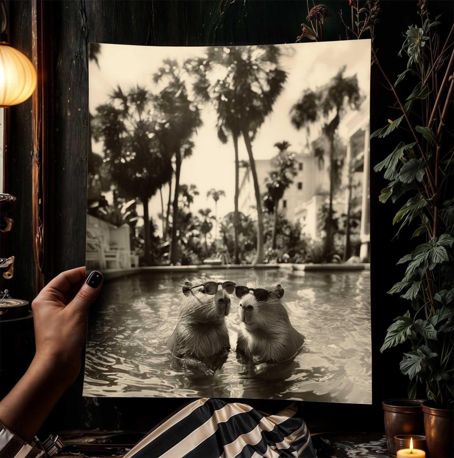 Capybara's Holiday, Capybara In A Pool, Gothic Vintage photograph, Occult Poster. Whimsy Animal Art, Dark Academia Decor