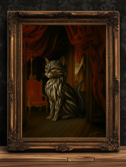 Sardine Catfish Kitten Art Print Poster, Whimsical Renaissance Food Portrait, Surreal Still Life Animal Wall Hanging, Weird Kitchen Decor