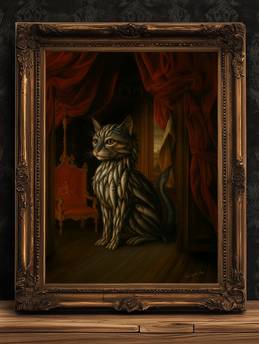 Sardine Catfish Kitten Art Print Poster, Whimsical Renaissance Food Portrait, Surreal Still Life Animal Wall Hanging, Weird Kitchen Decor