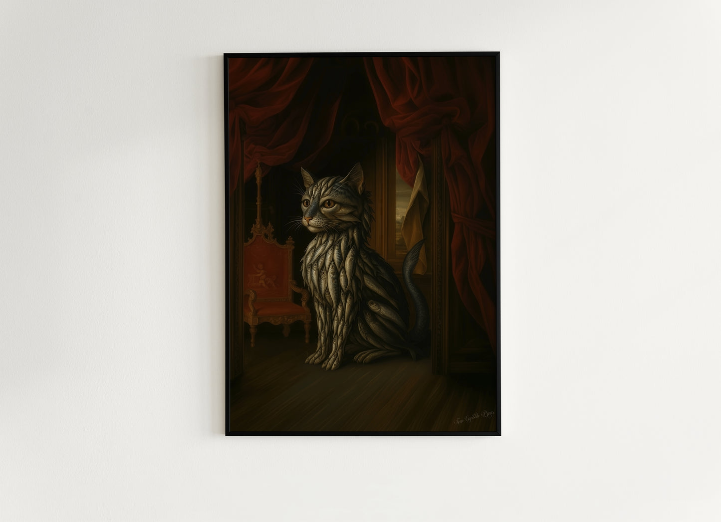 Sardine Catfish Kitten Art Print Poster, Whimsical Renaissance Food Portrait, Surreal Still Life Animal Wall Hanging, Weird Kitchen Decor