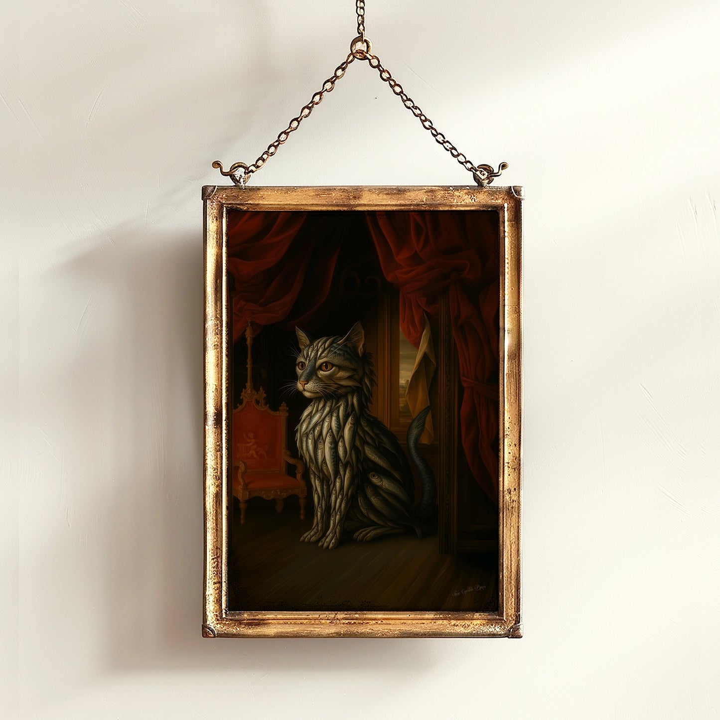 Sardine Catfish Kitten Art Print Poster, Whimsical Renaissance Food Portrait, Surreal Still Life Animal Wall Hanging, Weird Kitchen Decor