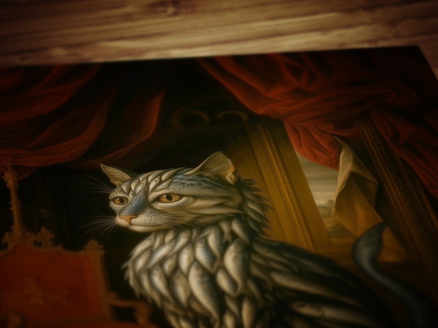 Sardine Catfish Kitten Art Print Poster, Whimsical Renaissance Food Portrait, Surreal Still Life Animal Wall Hanging, Weird Kitchen Decor