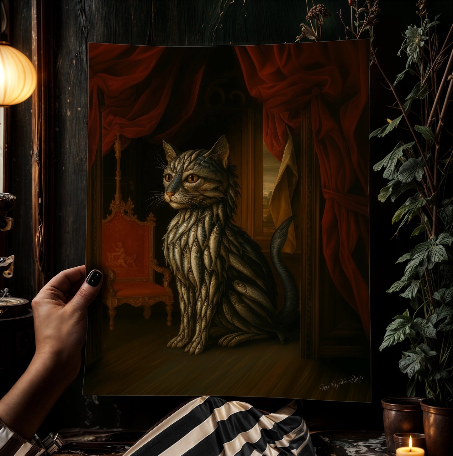 Sardine Catfish Kitten Art Print Poster, Whimsical Renaissance Food Portrait, Surreal Still Life Animal Wall Hanging, Weird Kitchen Decor