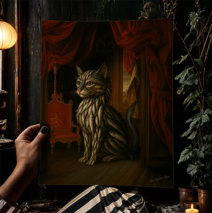 Sardine Catfish Kitten Art Print Poster, Whimsical Renaissance Food Portrait, Surreal Still Life Animal Wall Hanging, Weird Kitchen Decor