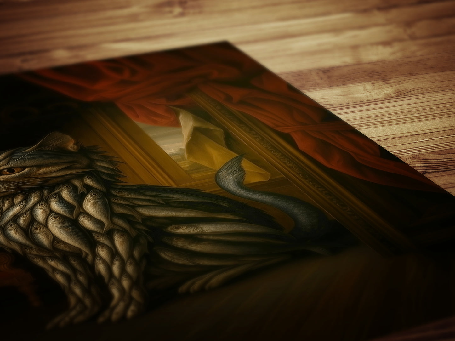 Sardine Catfish Kitten Art Print Poster, Whimsical Renaissance Food Portrait, Surreal Still Life Animal Wall Hanging, Weird Kitchen Decor