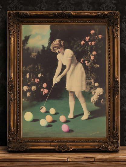 Whimsical Vintage Girl Playing Golf with Easter Eggs Art Print Poster for Dreamcore Nursery, Soft Academia, Pastel Cottagecore Wall Decor