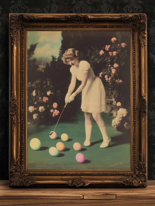 Whimsical Vintage Girl Playing Golf with Easter Eggs Art Print Poster for Dreamcore Nursery, Soft Academia, Pastel Cottagecore Wall Decor