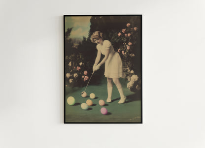 Whimsical Vintage Girl Playing Golf with Easter Eggs Art Print Poster for Dreamcore Nursery, Soft Academia, Pastel Cottagecore Wall Decor