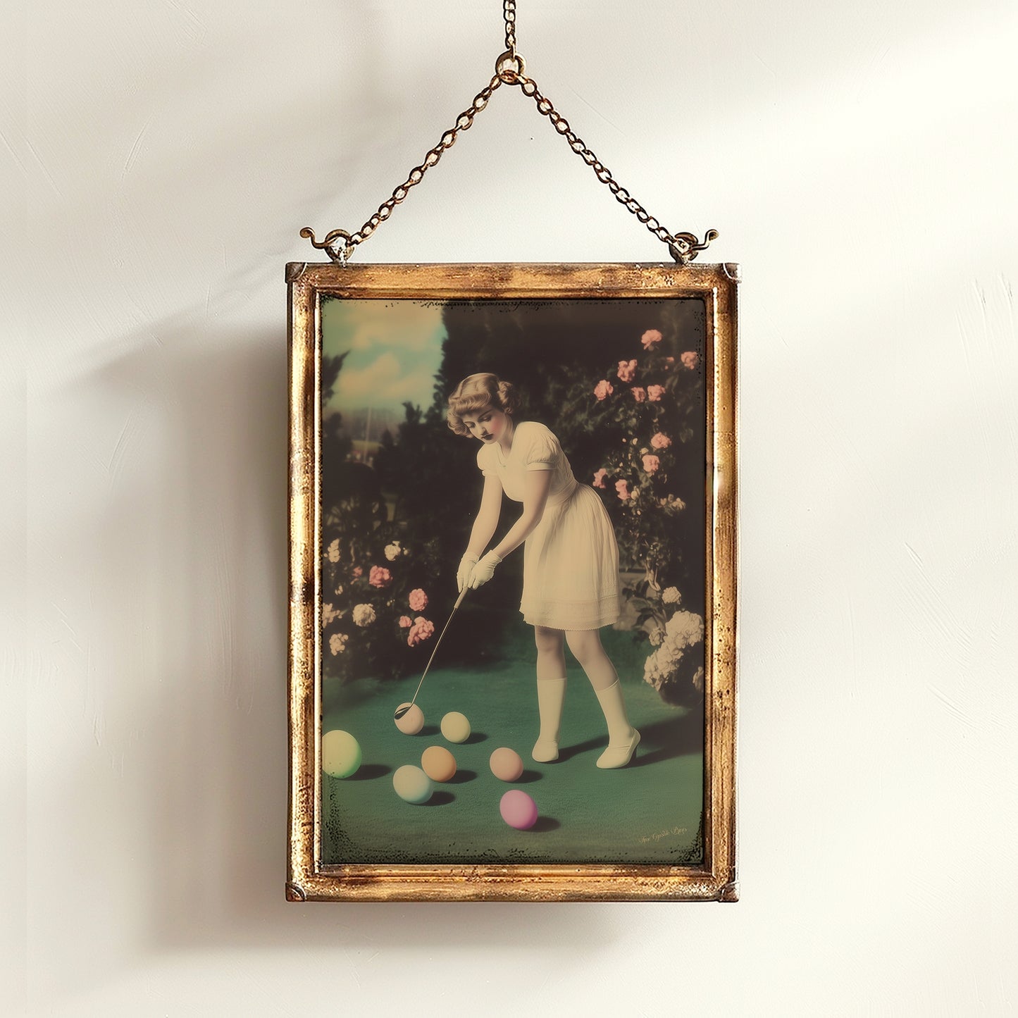 Whimsical Vintage Girl Playing Golf with Easter Eggs Art Print Poster for Dreamcore Nursery, Soft Academia, Pastel Cottagecore Wall Decor
