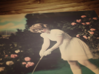 Whimsical Vintage Girl Playing Golf with Easter Eggs Art Print Poster for Dreamcore Nursery, Soft Academia, Pastel Cottagecore Wall Decor