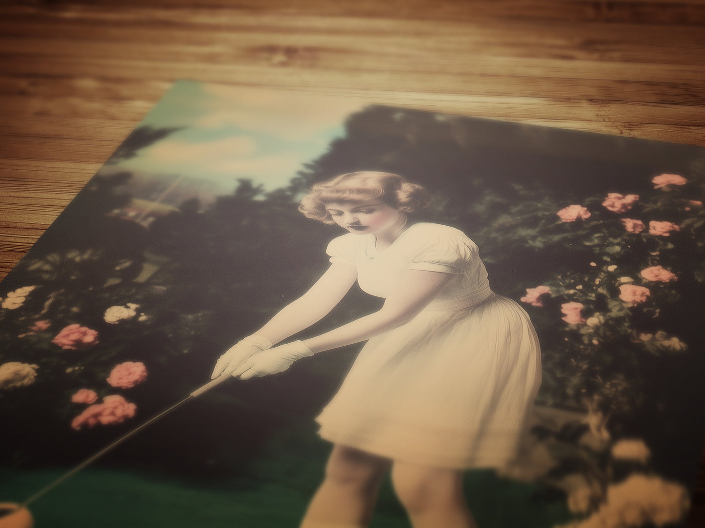 Whimsical Vintage Girl Playing Golf with Easter Eggs Art Print Poster for Dreamcore Nursery, Soft Academia, Pastel Cottagecore Wall Decor