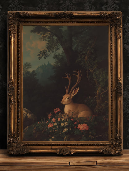 Floral Moody Jackalope Art Print, Surreal Hare Hybrid Wall Decor, Mystical Forest Animal Portrait, Folklore Cryptid Fairycore Wall Art