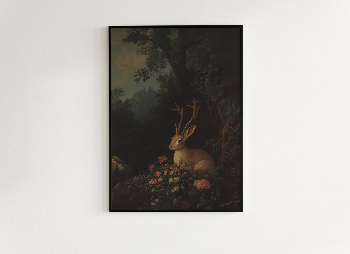 Floral Moody Jackalope Art Print, Surreal Hare Hybrid Wall Decor, Mystical Forest Animal Portrait, Folklore Cryptid Fairycore Wall Art
