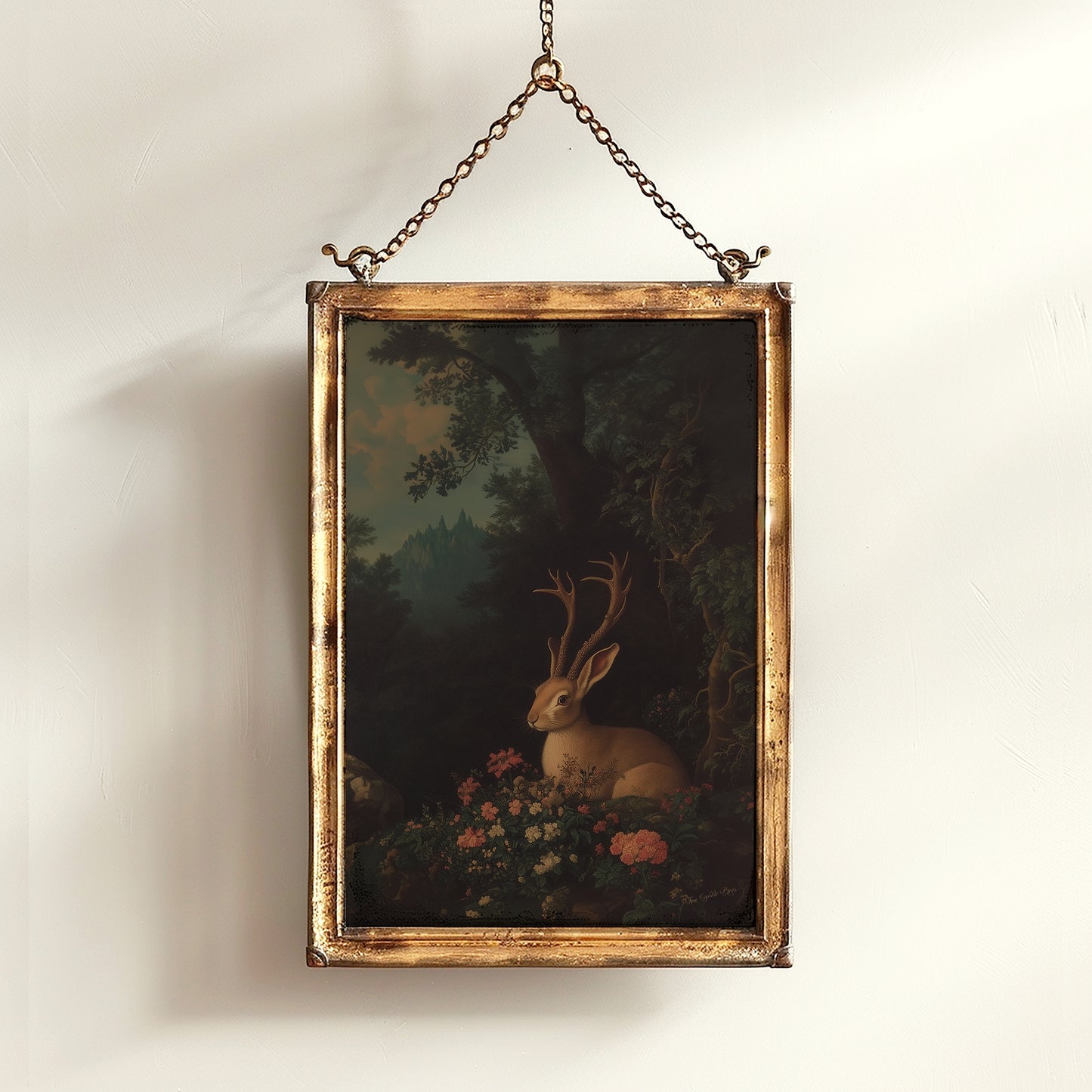 Floral Moody Jackalope Art Print, Surreal Hare Hybrid Wall Decor, Mystical Forest Animal Portrait, Folklore Cryptid Fairycore Wall Art