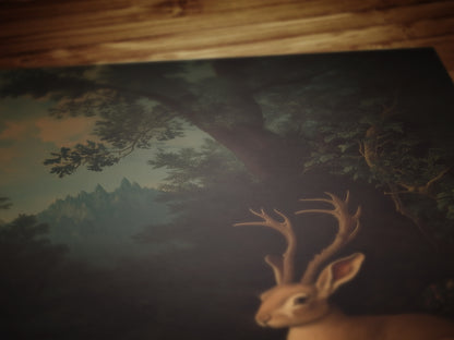 Floral Moody Jackalope Art Print, Surreal Hare Hybrid Wall Decor, Mystical Forest Animal Portrait, Folklore Cryptid Fairycore Wall Art